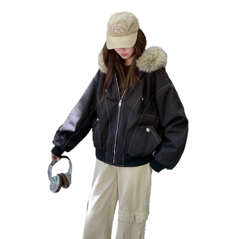 Tide americana retro montaña tallada cuello de lana 2025 abrigo de invierno grueso con capuchón algodón corto negro