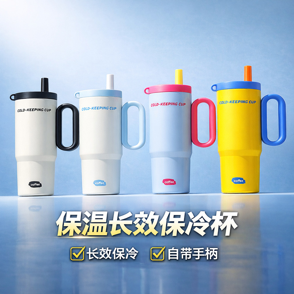 High-Capacity Stylish Ice Cup with 316 Stainless Steel Thermal Insulation, Ceramic Inner Liner, Cold-Retaining Car-Mounted Straw Cup