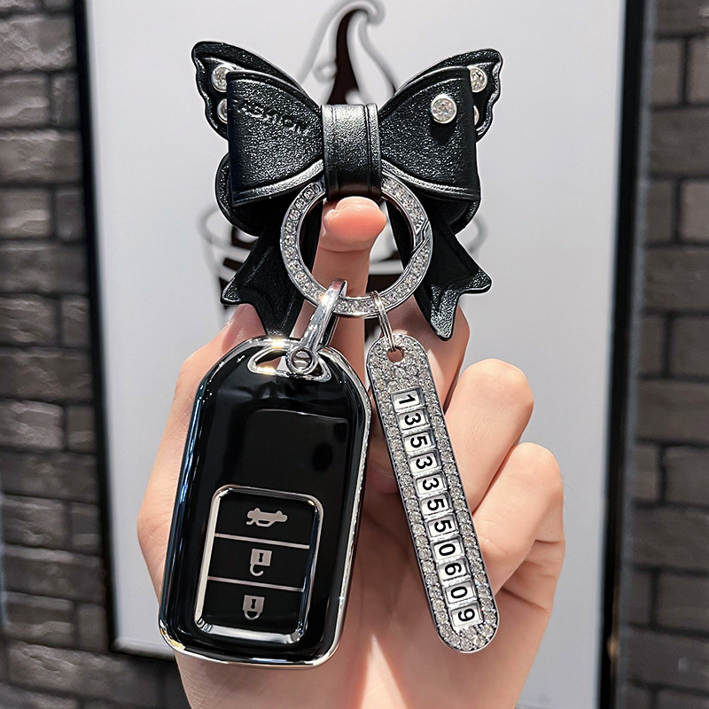 BT 키 유형 C - 스마트 3버튼 [싱글 쉘 블랙] + 블랙 리본 다이아몬드 버클 + 실버 번호판