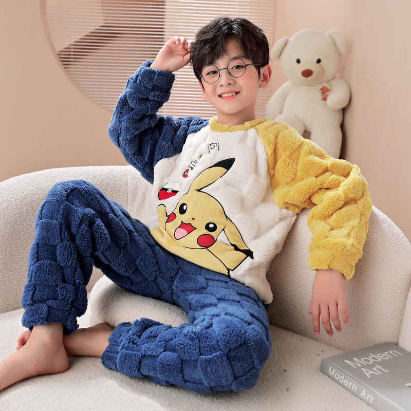 2024 년 새로운 어린이 잠옷 산호 양털 겨울 기모 두꺼운 소년 십대 학생  가을과 겨울