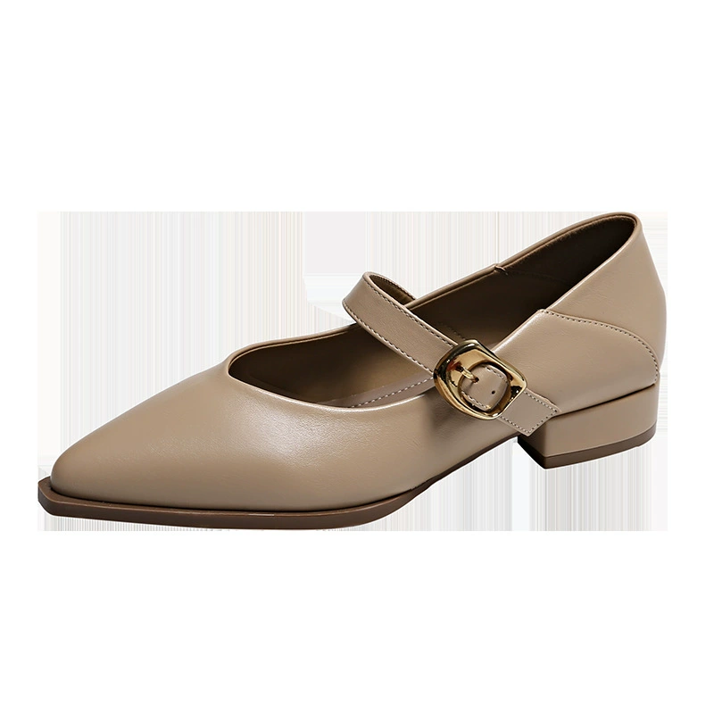 Textured French style buckle thick heel Mary Zhen shoes for women in spring and autumn fashion pointed toe shallow mouth soft leather commuting single shoes