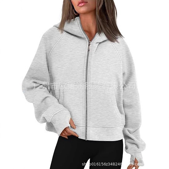 2023 European and American Foreign trade cross-border women's clothing Amazon popular long zipper loose hooded thumb hole fleece-lined sweater
