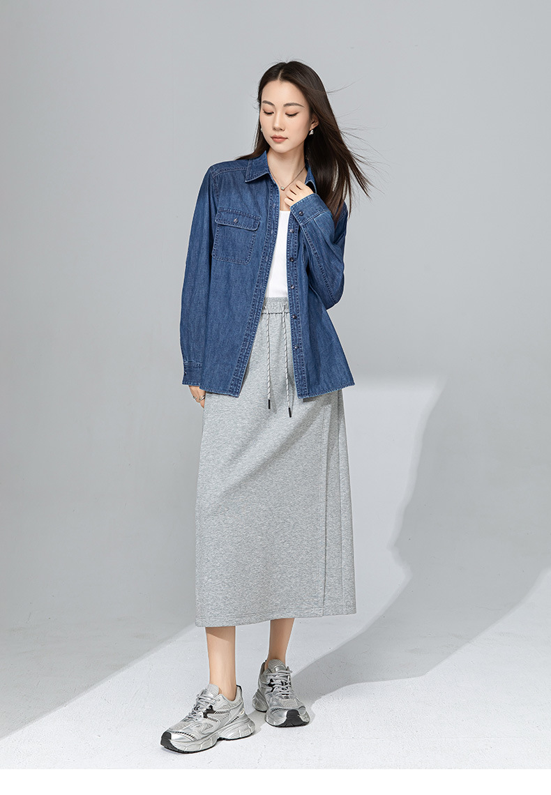 Áo sơ mi denim nữ dài tay phong cách Hàn Quốc, mặc lót hoặc mặc ngoài, tôn dáng gầy — Màu xanh lam chi tiết 17
