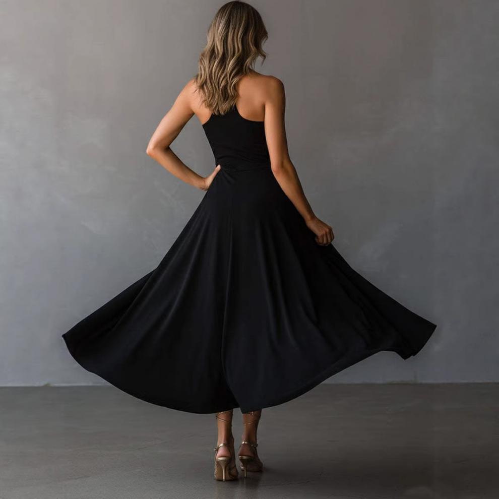Women's Clothing Women's Retro Elegant Black Long Dress Keyhole Backless Halter Neck A Line For Formal & Casual For Women_ecoleips.com