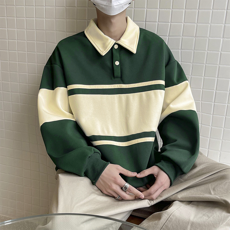 Suéter a juego de color retro estadounidense camisa de polo suelta para hombres y mujeres desgaste de pareja solapa desgaste exterior ins Ruan guapo Top nacional de moda