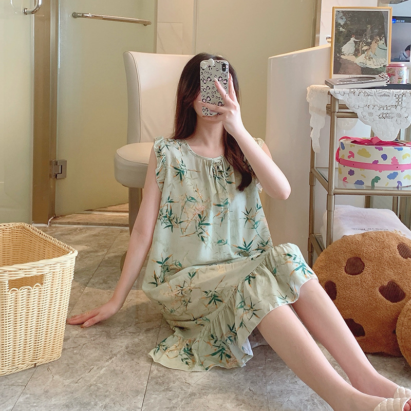 棉绸睡裙女春秋薄款无袖背心睡衣夏季外贸大码宽松高级感家居服