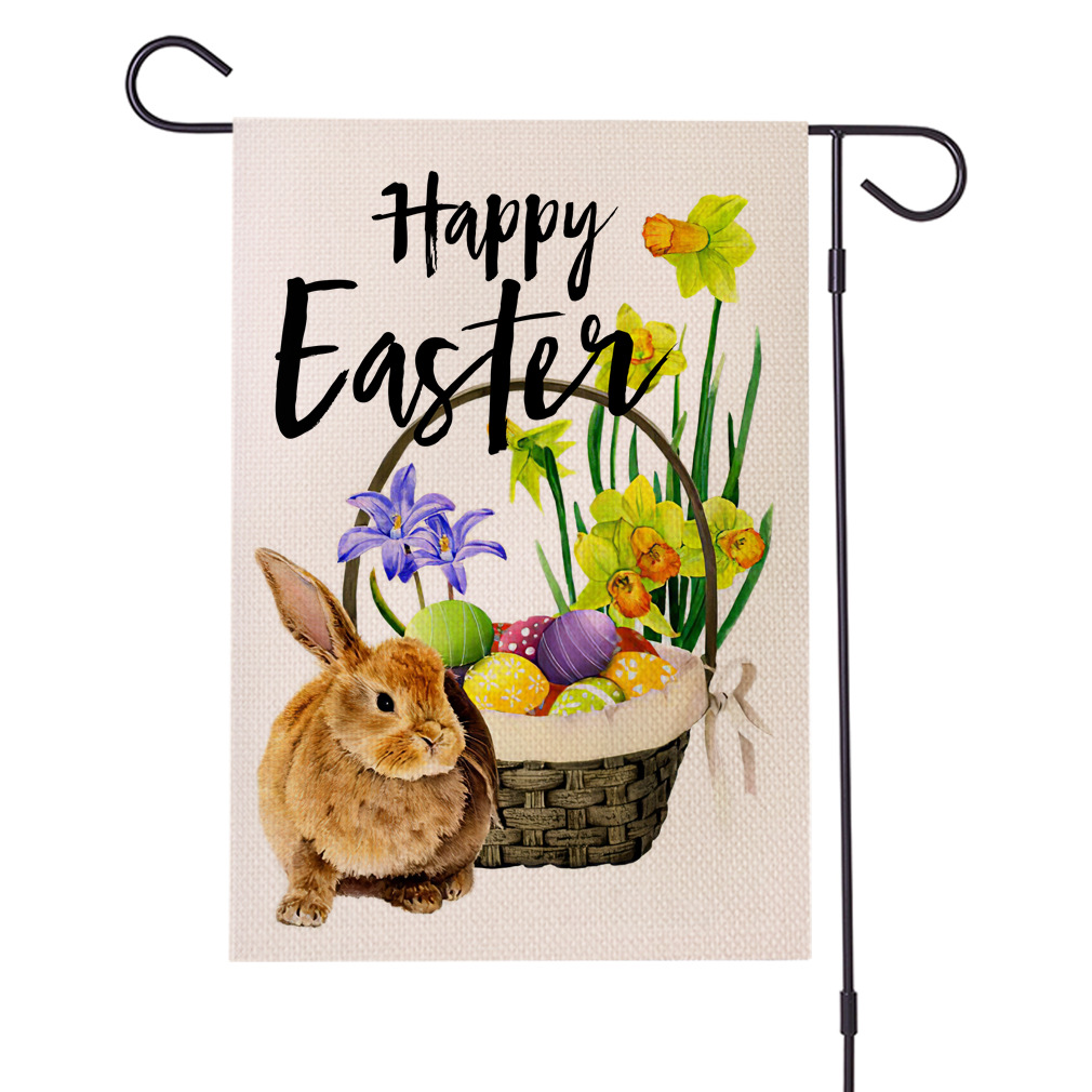 跨境复活节兔子彩蛋图案亚麻花园旗双面印刷旗子庭院装饰吊旗厂家