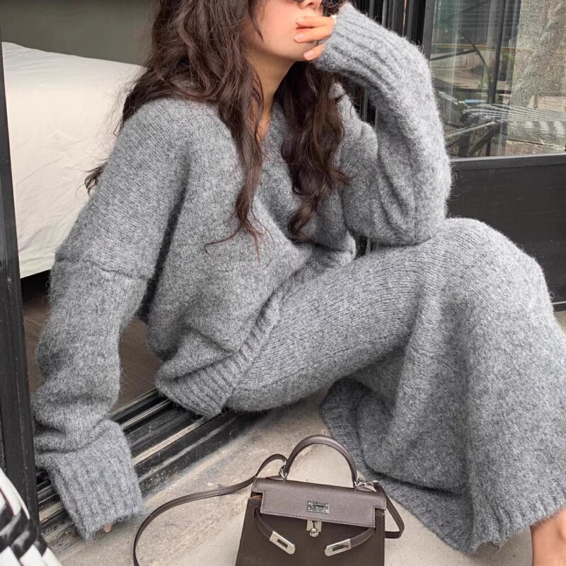 Lazy Style Sweater Suit Skirt for Women Autumn and Winter V Neck Pullover Knitted Top Half Skirt Fashion Two-Piece Set