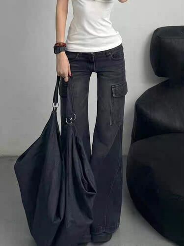 American-style spicy mini workwear bell-bottom jeans for women, new pocket slimming hidden leg pants, fashionable casual pants