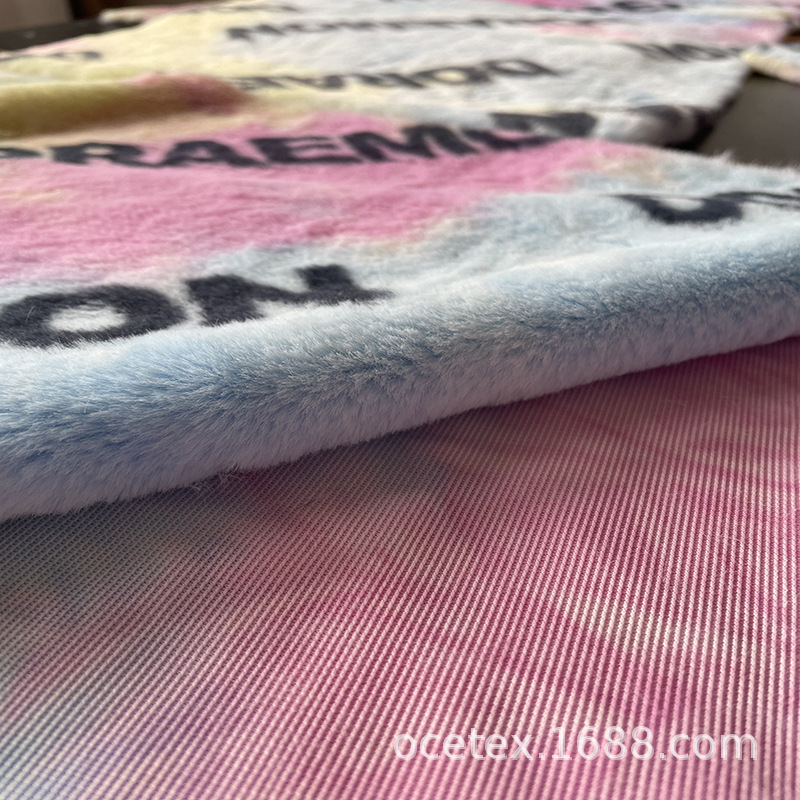 厂家供应扎染印花小兔毛睡衣家居服面料儿童毛绒玩具面料抱枕面料