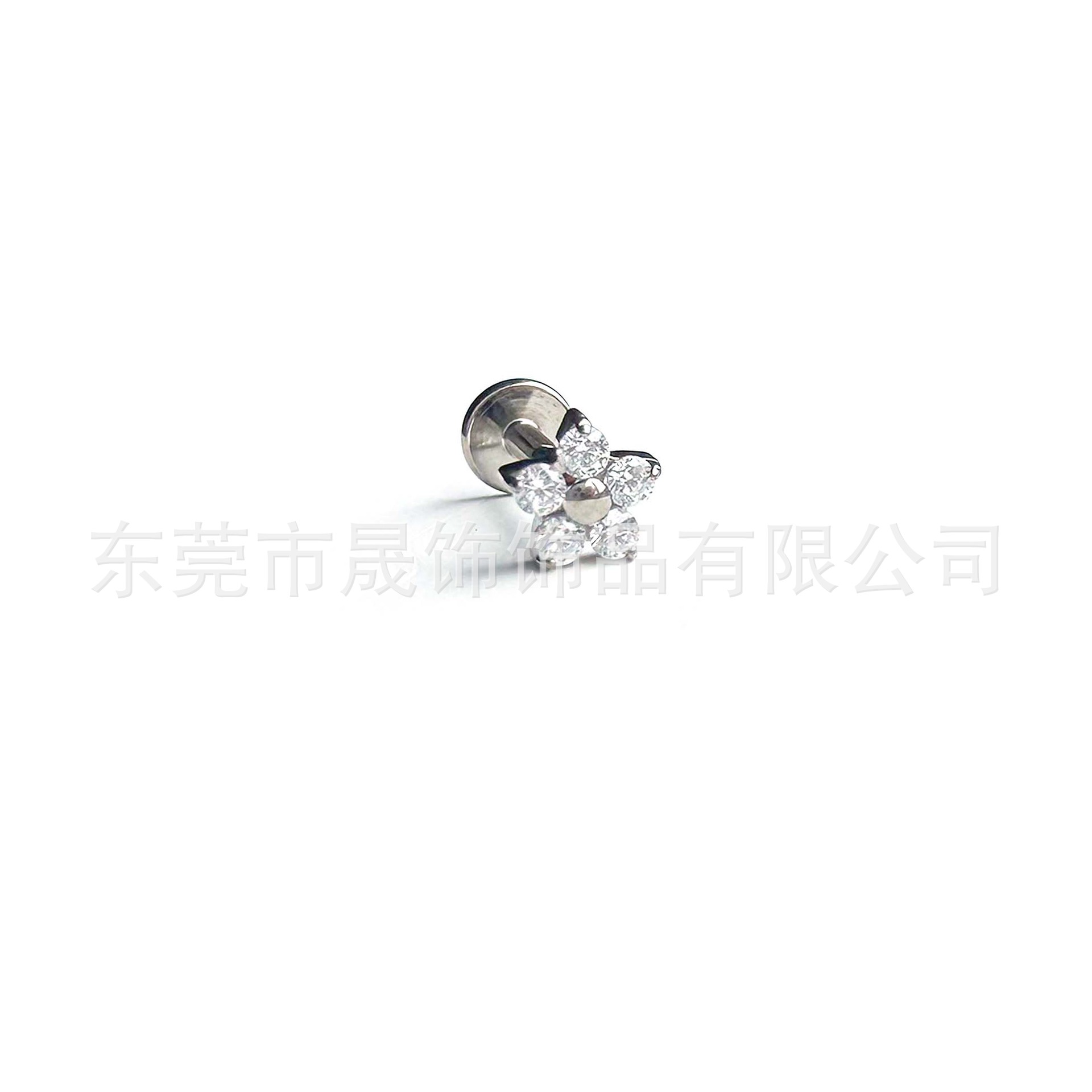 F136钛合金仙女风花朵白粉蓝锆耳钉内螺纹五瓣花锆耳骨钉唇钉耳饰