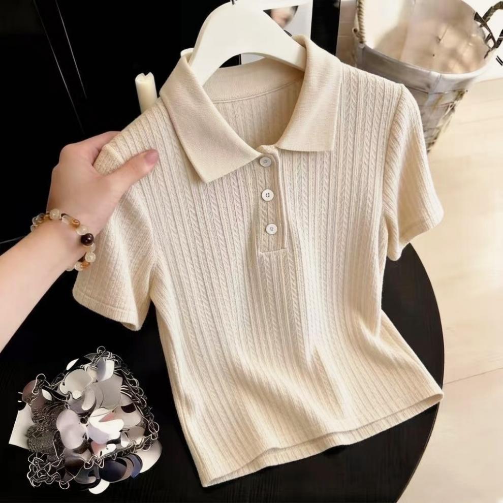 Damen Eisseide Strickoberteil Schulterfrei Kurzarm T-shirt Sommer_voghion.com
