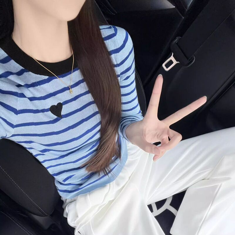 黄色条纹爱心长袖t恤女秋季2025新款设计感短款修身打底衫上衣|undefined