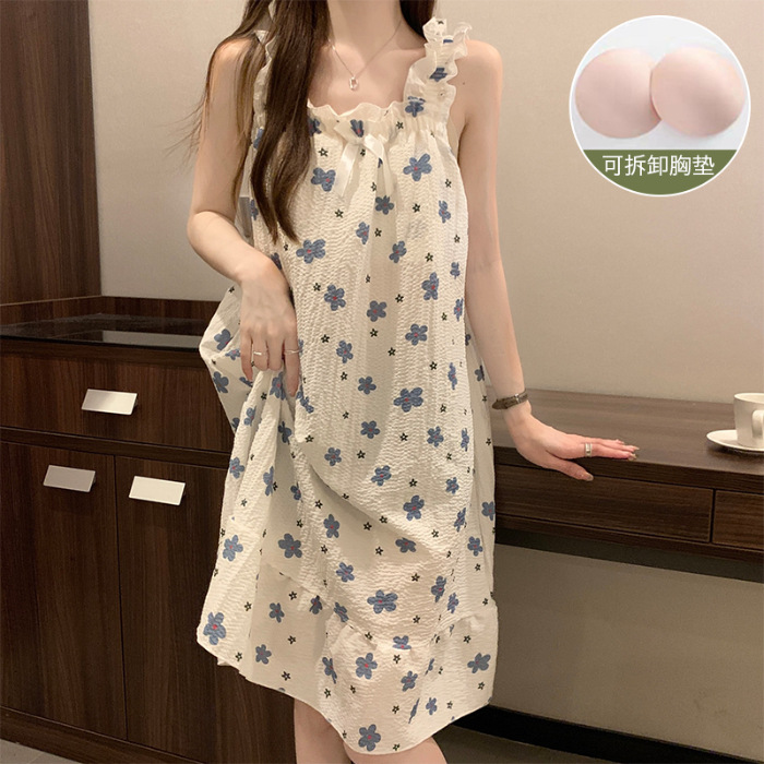 Pijama de mujer de verano dulce chaleco de cinturón de pecho tejido de algodón espuma tela arrugada pijama de mujer de verano vestido lindo