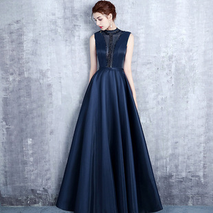 Navy Blue Elegant and Dignified Banquet Evening Dress Slimming Look Stage Performance Dress Host Recitation Dress