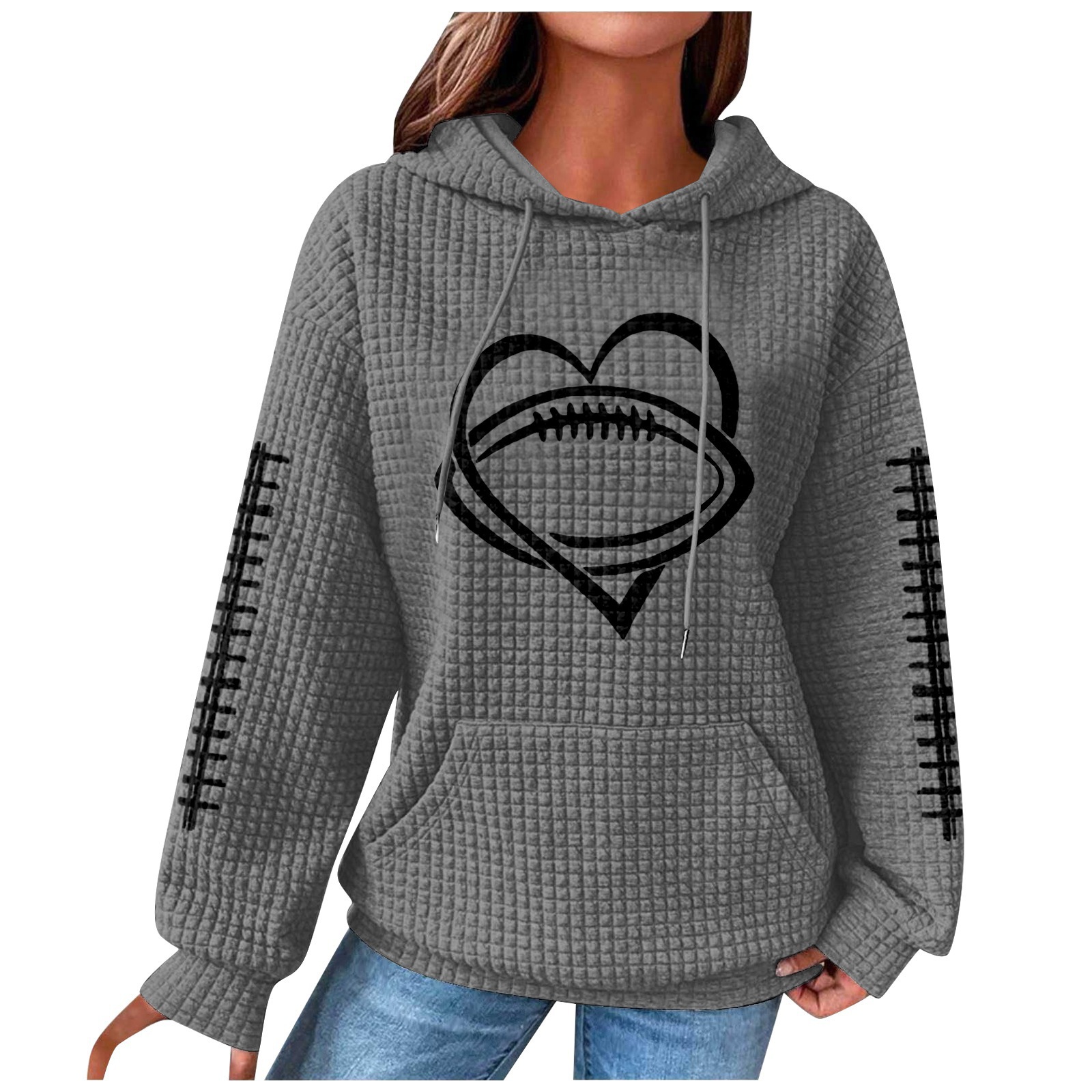 Women's Rugby Hoodie Waffle Knit Pullover Sweatshirt Print_voghion.com
