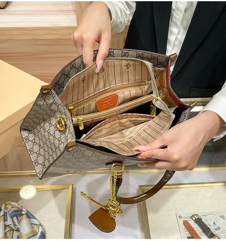 Túi tote da thật nữ xách tay đeo chéo sức chứa lớn — Màu kaki chi tiết 12