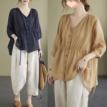 大码女装中年妈妈洋气高端两件套高贵棉麻时尚休闲衬衫上衣夏套装