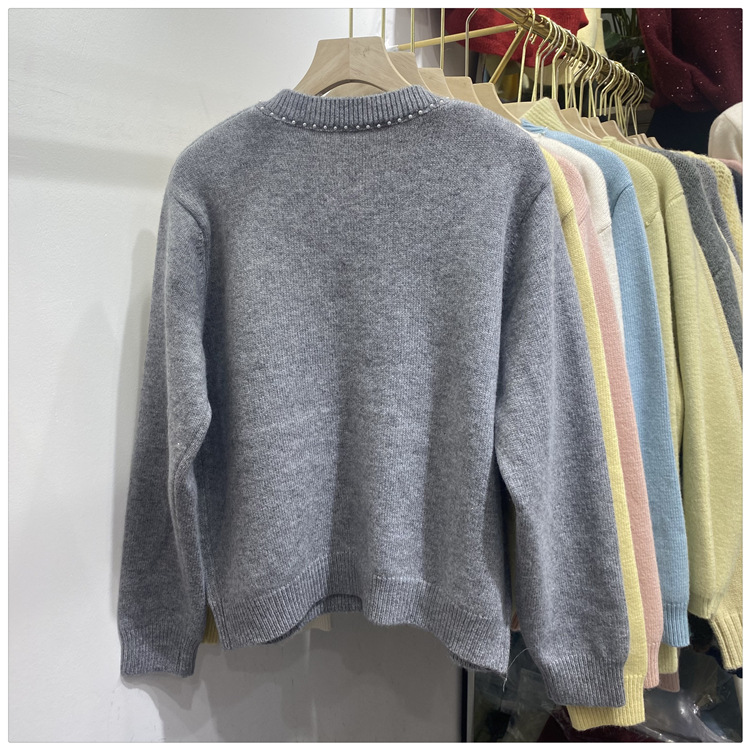 Women's Clothing Chic Embellished Bow Knit Cardigan For Women - Autumn Casual Long Sleeve Open Front Sweater (Blue, Yellow, Gray, Beige, Pink)​_voghion.com