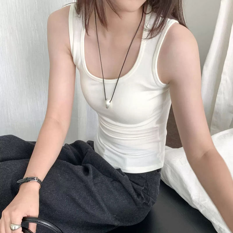 Tencel Acetate U-neck Tank Top for Women, Autumn and Winter Wool Inner Layer with Chest Pads, Striped Wide Shoulder Straps, Base Layer Top