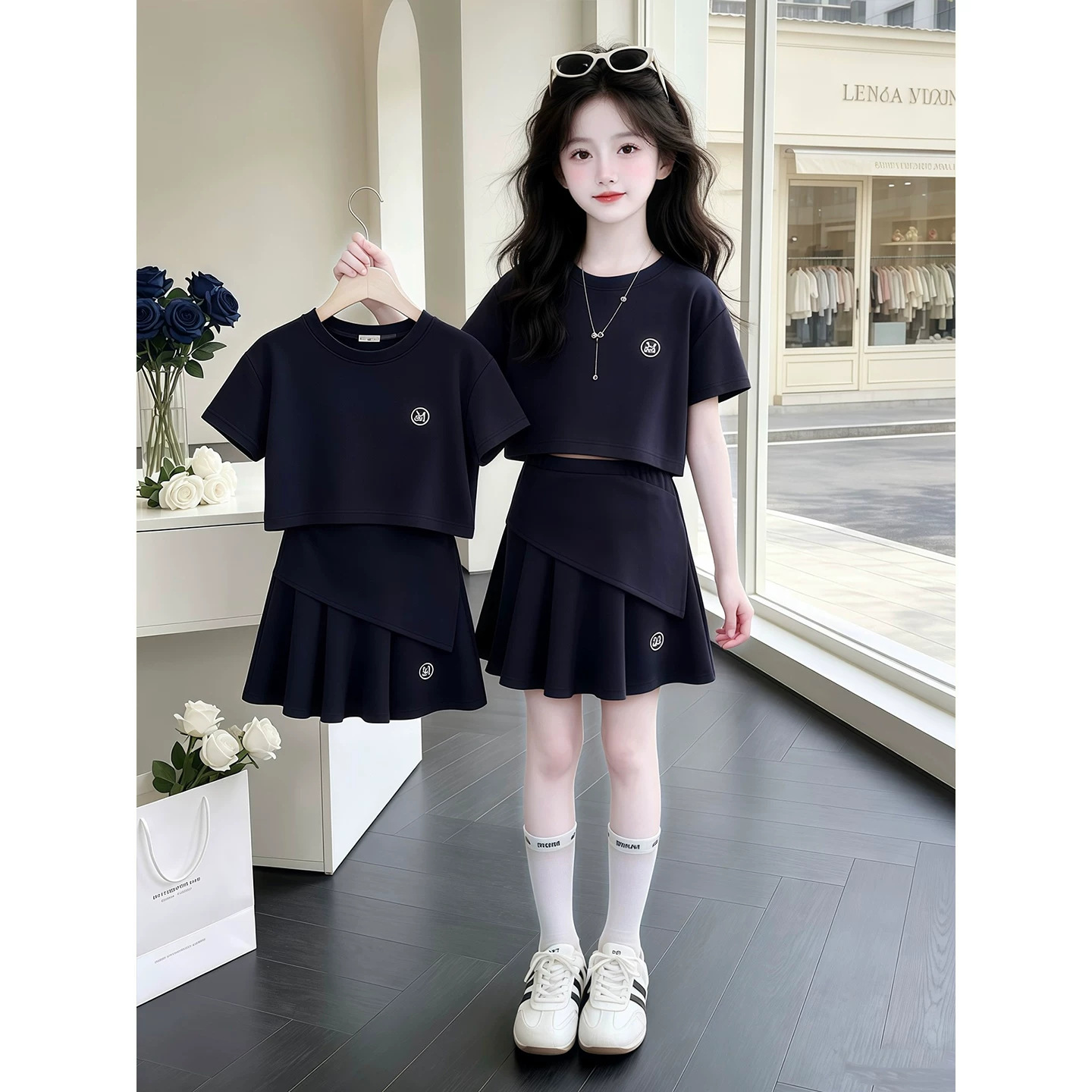 Girls' Set 2026 Summer New Arrival: Round Neck Slim Fit Letter Short-Sleeve T-Shirt and Stylish Children's Skirt Two-Piece Set