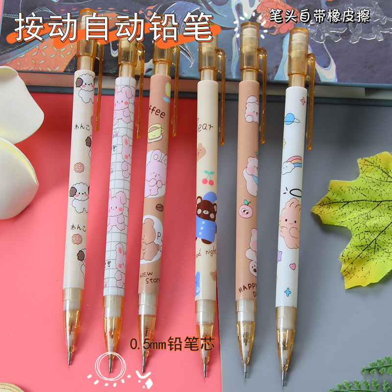 Oso de dibujos animados conejo lápiz automático papelería creativa estudiante actividad lápiz afilar-lápiz de dibujo para niños gratis con goma de borrar