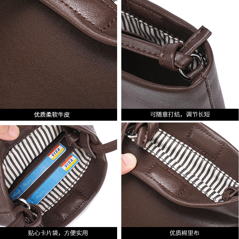Genuine Leather Women's Phone Bag 2025 Summer New Retro Shoulder Crossbody Bag Luxury Bucket Bag Small Commuter Bag - Thumbnail 3