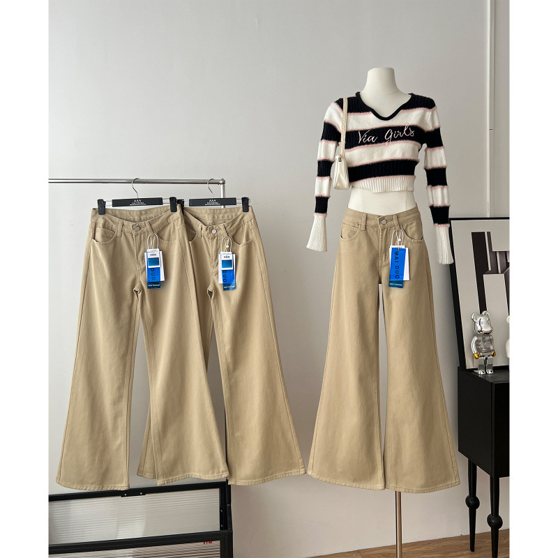 Spring and Autumn British Style Khaki Low-Waist Flared Jeans for Tall Women, Versatile and Slimming Floor-Length Pants