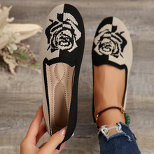 跨境新款针织玫瑰绣花透气平底单鞋女外贸拼色浅口懒人工作鞋船鞋