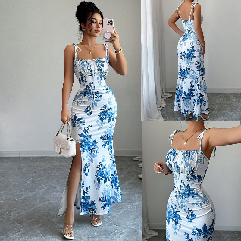 Foreign Trade Import and Export Factory Wholesale Cross-Border Amazon European and American Women's Fashion Spaghetti Strap Floral Slim-Fit Slit Dress