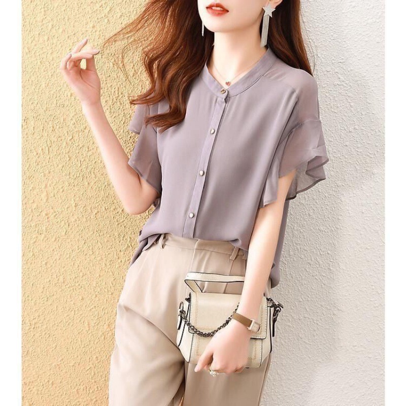 2022 Summer New Style Western Style All-match Chiffon Shirt Flying Sleeve Solid Color Shirt Beautiful Loose Thin Slim Look Top 2022 Summer New Style Western Style All-match Chiffon Shirt Flying Sleeve Solid Color Shirt Beautiful Loose Thin Slim Look Top