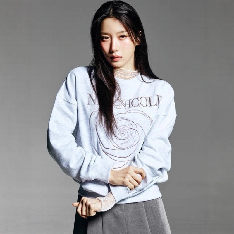 文佳煐同款韩国小众潮牌NICK NICOLE字母玫瑰刺绣宽松圆领卫衣女|undefined