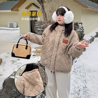现货k2951休闲款连帽棉服蜡染条绒棉服秋冬宽松短款棉衣女士外套