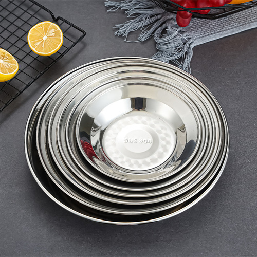 Cross-border 304 stainless steel round plate Korean food plate household shallow plate snack snack plate kindergarten meal plate