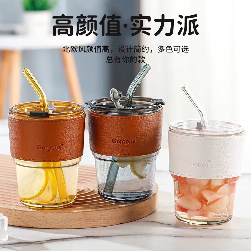 代件ネット赤高颜値ins風竹節カップ耐熱グラスストローコップ蓋付き両用カップ|undefined