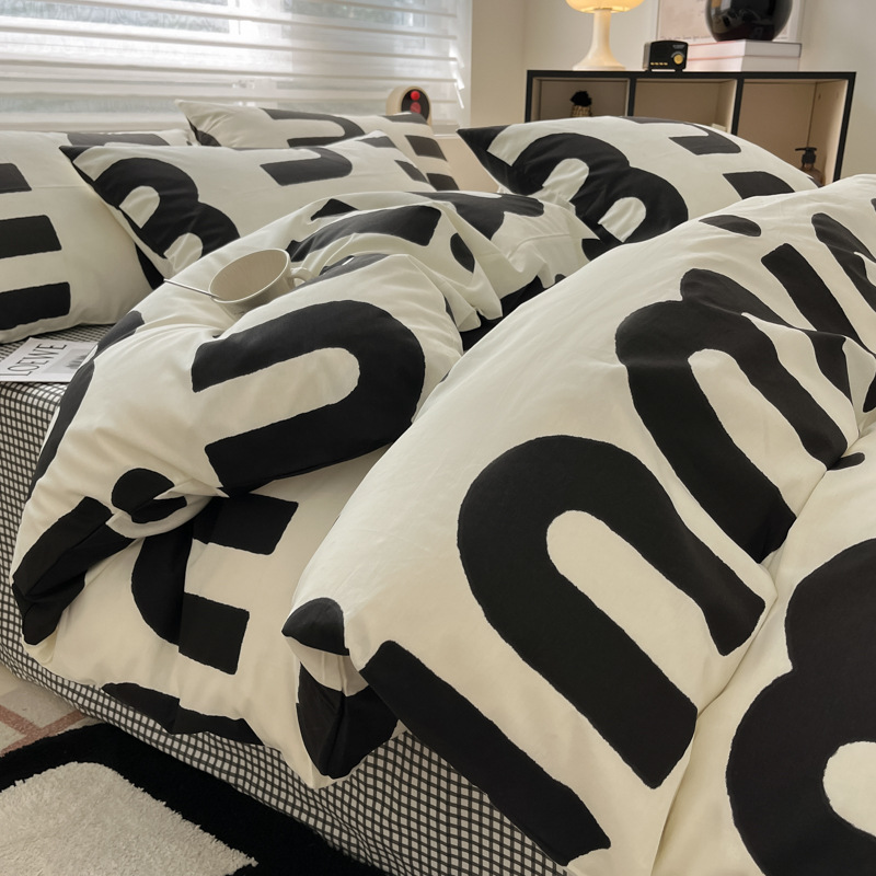 Conjunto de cama de quatro peças em algodão puro, estilo nórdico minimalista francês retrô, para dormitórios masculinos. Inclui capa de edredom e lençol._voghion.com