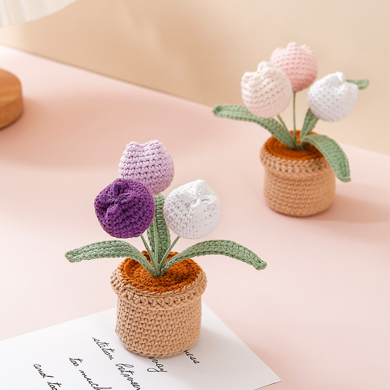 Transfronterizos terminados tejidos a mano tulipanes girasoles imitación flor lana en maceta Día de la Madre Día del Maestro regalo exquisito