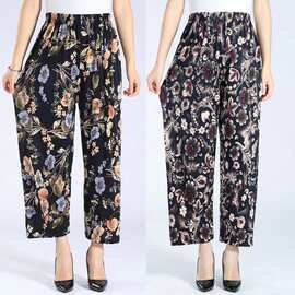 休闲裤女士夏季冰丝长裤高腰休闲宽松妈妈裤时尚九分裤中老年女裤
