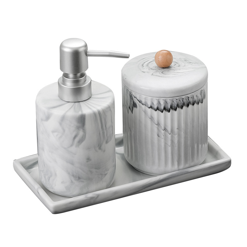 Botella de emulsión de cerámica tipo prensado desinfectante de manos botella de embalaje de baño de hotel botella de embalaje de algodón lata de lavado conjunto de bandeja