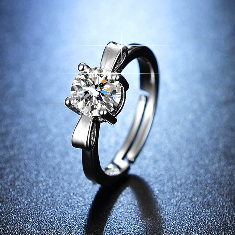 Ring one carat, adjustable open band with AAA zirconia, silver-layer plating