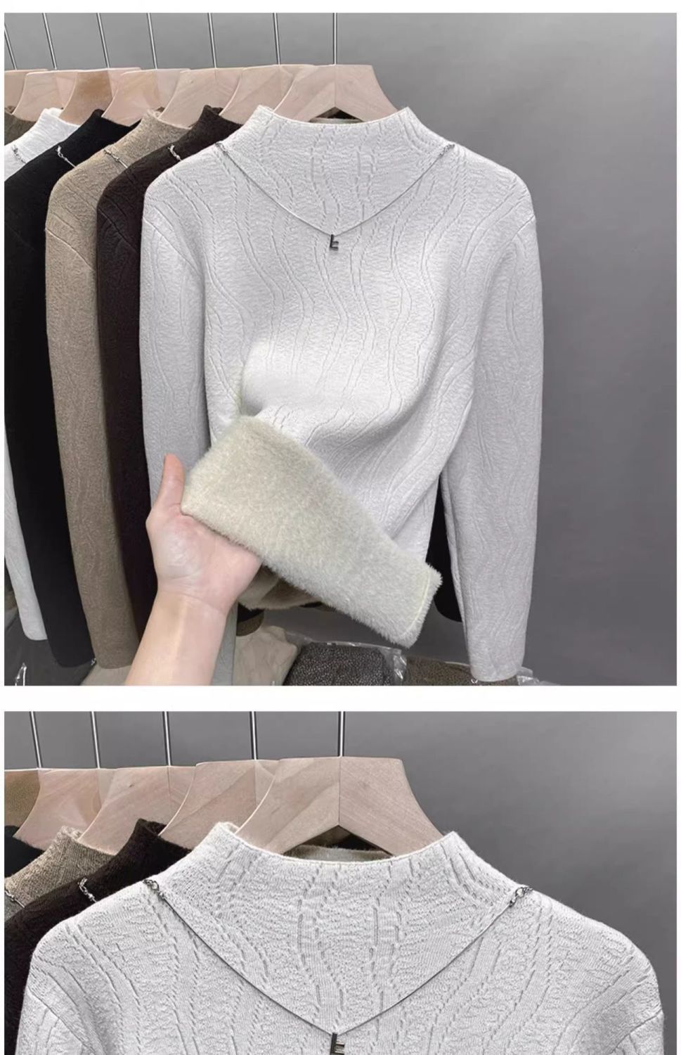 Damen-Fleece-gefütterter Strickpullover – Halbhoher Rollkragen, dickes Winter-Thermooberteil (Weiß, Schwarz, Beige, Khaki, Grau, Rot, Camel, Braun)_voghion.com