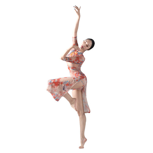  new summer short-sleeved cheongsam dance clothes, printed high-cross stand collar, plum blossom buttons, classical dance group practice clothes