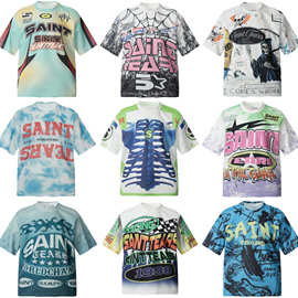 跨境Saint美式短袖高街潮牌满身涂鸦印花休闲半袖情侣宽松T恤男女