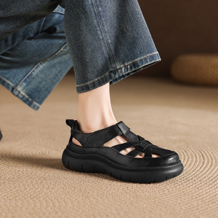 Sandal nữ đế dày da cừu phối quai ngang phong cách học đường — màu đen, màu trắng ngà chi tiết 77