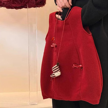 女童秋冬加厚毛呢连衣裙宝宝洋气红色蝴蝶结周岁礼服拜年服背心裙