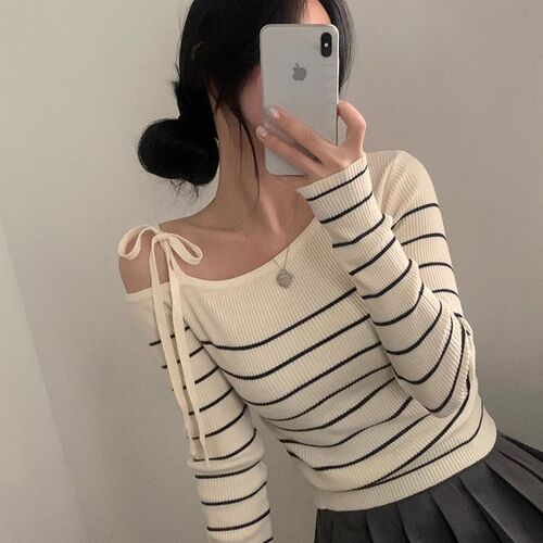 New Autumn/Winter Casual V-Neck Strappy Off-the-Shoulder Striped Colorblock Knit Top