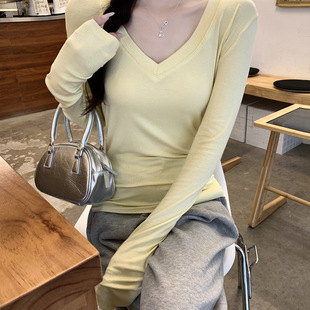 Live Quality 2025 Spring and Autumn Pure Desire V-Neck Regular Shoulder Long-Sleeve New Solid Color Slim-Fit Base Shirt