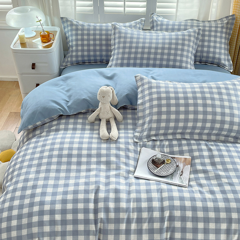 Brushed Cotton Four-piece Bedding Set With Solid Plaid Duvet Cover_voghion.com