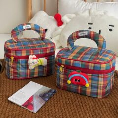 かわいい格子縞化粧バッグ女性大容量携帯旅行手提げ区画口紅化粧品収納袋