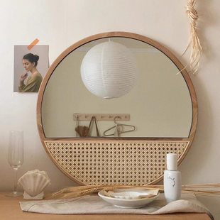 Retro wooden cosmetic mirror wall hanging round mirror home wall decoration mirror desktop mirror vanity mirror wall hanging